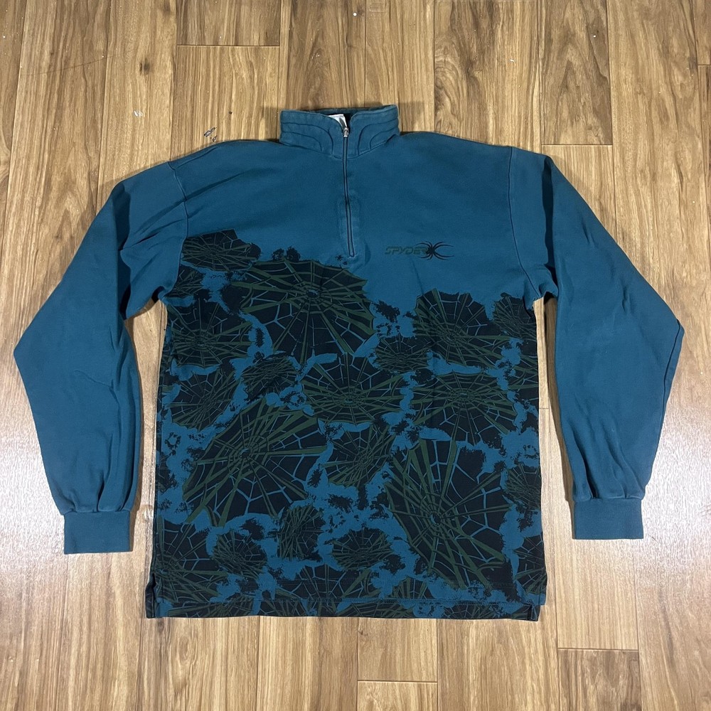 Vintage Spyder Pullover Mens Large Blue 1/4 Zip Mock Neck Graphic Ski Cotton 90s