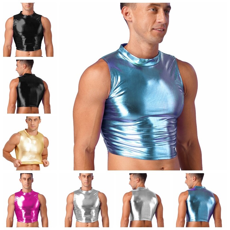 Mens Tank Tops Muscle Top Shiny Skinny Metallic Hip Hop Faux Leather Sport Gym gallery