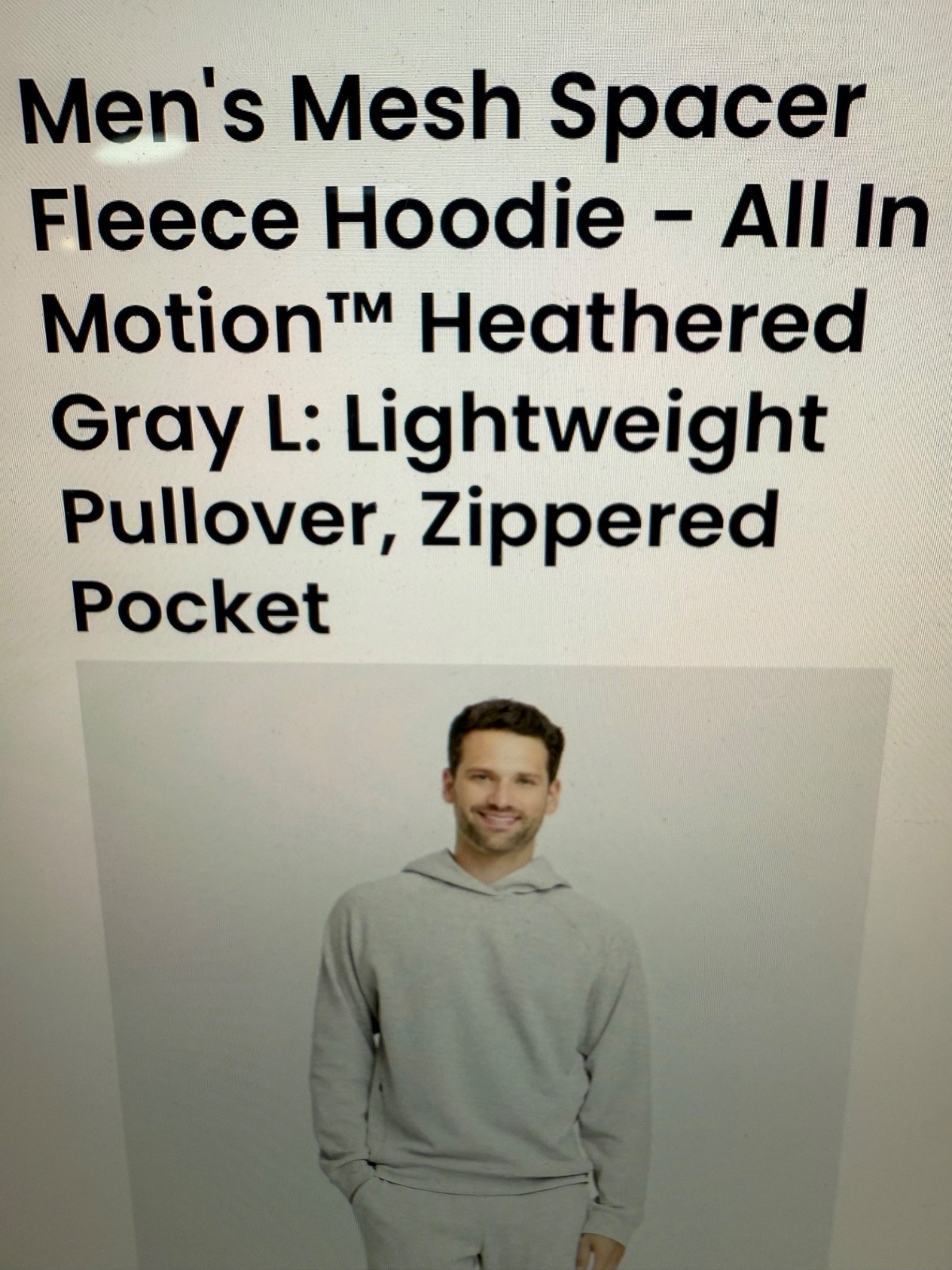 ALL IN MOTION ~ Men's Mesh Spacer Fleece Hoodie Gray LARGE Zip Pockets FREE SHIP gallery