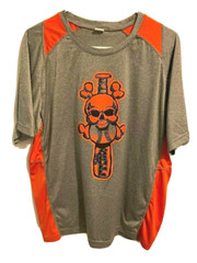 Sport-Tek Men’s Short Sleeve Skull T-Shirt Blocked Sleeve Size XL Gray/Orange