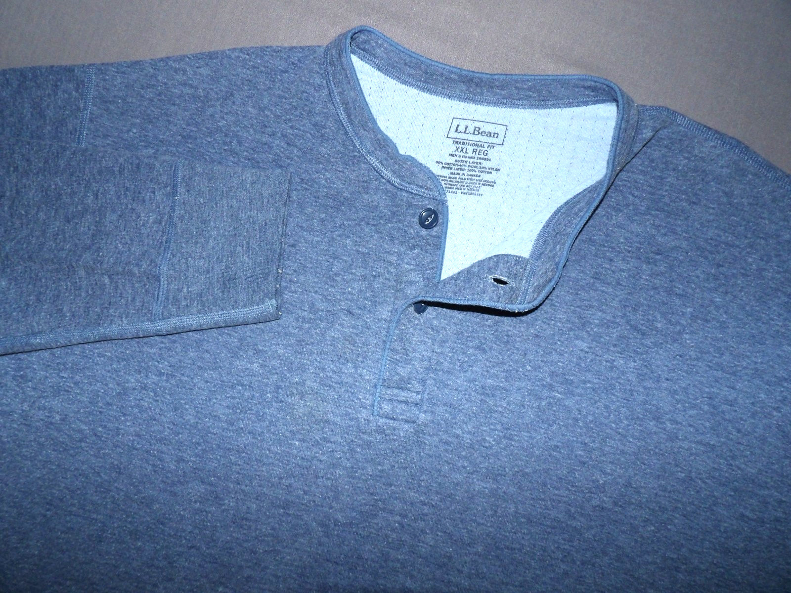 L.L. Bean Blue Wool Blend River Driver Henley Thermal Shirt Men's XXL gallery