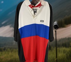 NXS FERRUCHE SHORT SLEEVE MULTI COLOR RED WHITE BLUE BLACK POLO SHIRT SIZE LARGE