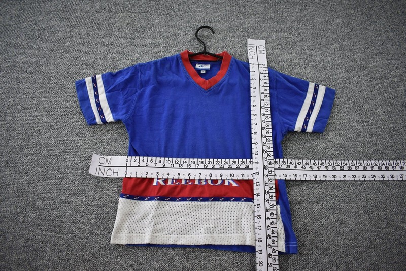 Vintage 90s Reebok Tee Mens XS Blue Red Spell Out Color Block Short Sleeve gallery