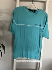 New DKNY Jeans Men’s Ribbed Aqua Blue and white stripe Short Sleeve Shirt Size L
