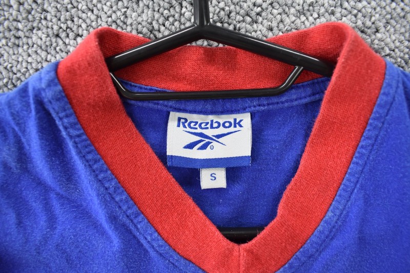 Vintage 90s Reebok Tee Mens XS Blue Red Spell Out Color Block Short Sleeve gallery