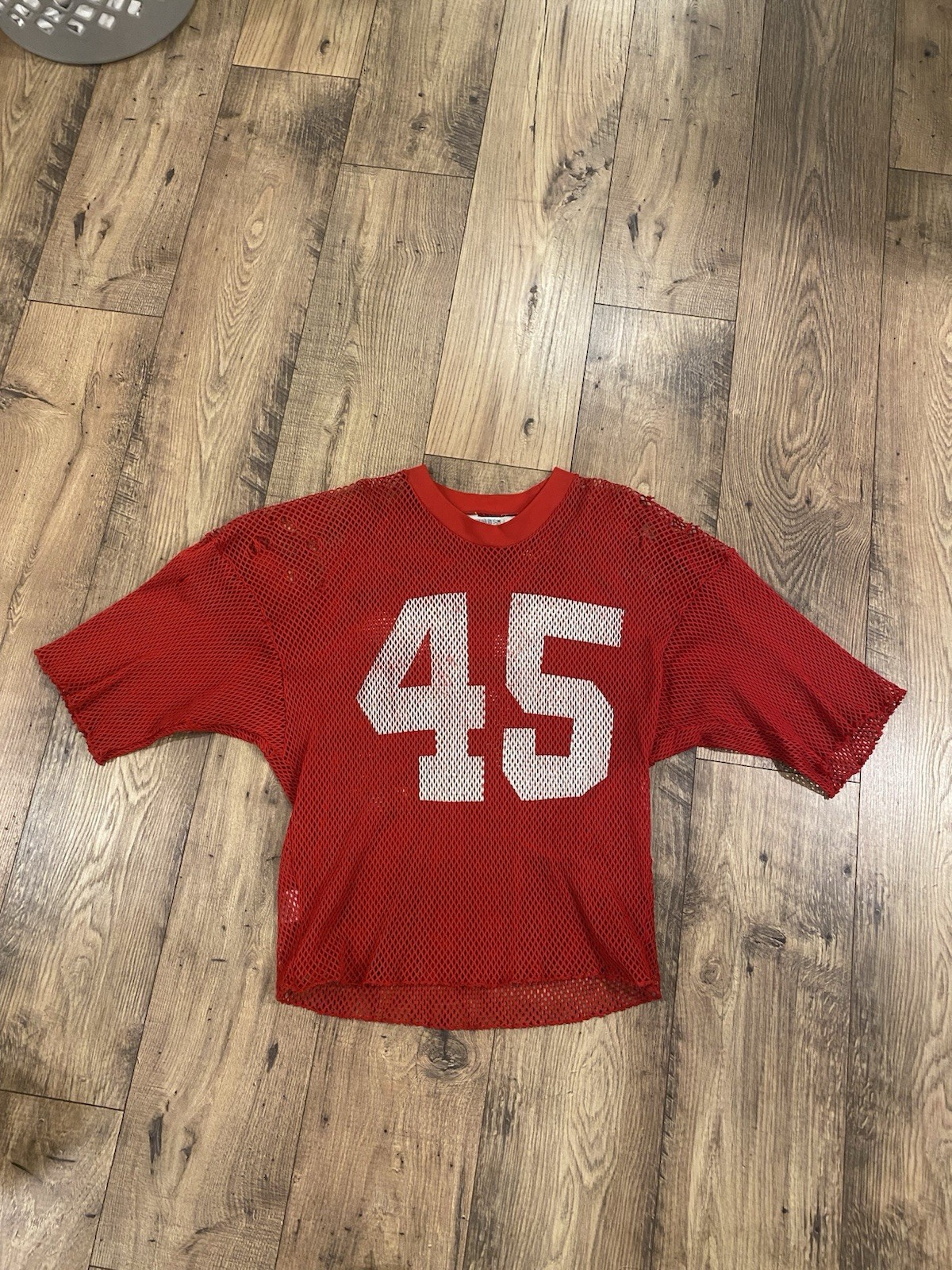 Vintage 70’s Mesh Fish Net Football Jersey Red Medalist Sand Knit Large USA gallery