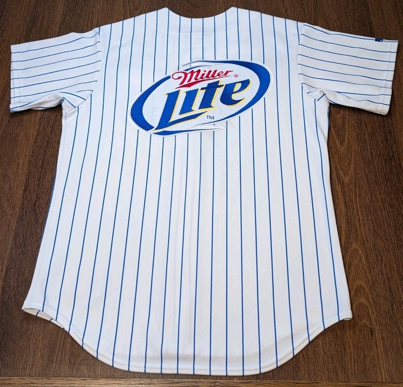 Vintage 90s Majestic Miller Lite Baseball Jersey Shirt Mens M White Pinstripes gallery