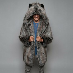 Men Winter Warm Faux Mink Fur Gray Hooded Fashion Parka Jacket Furry Lined Coat