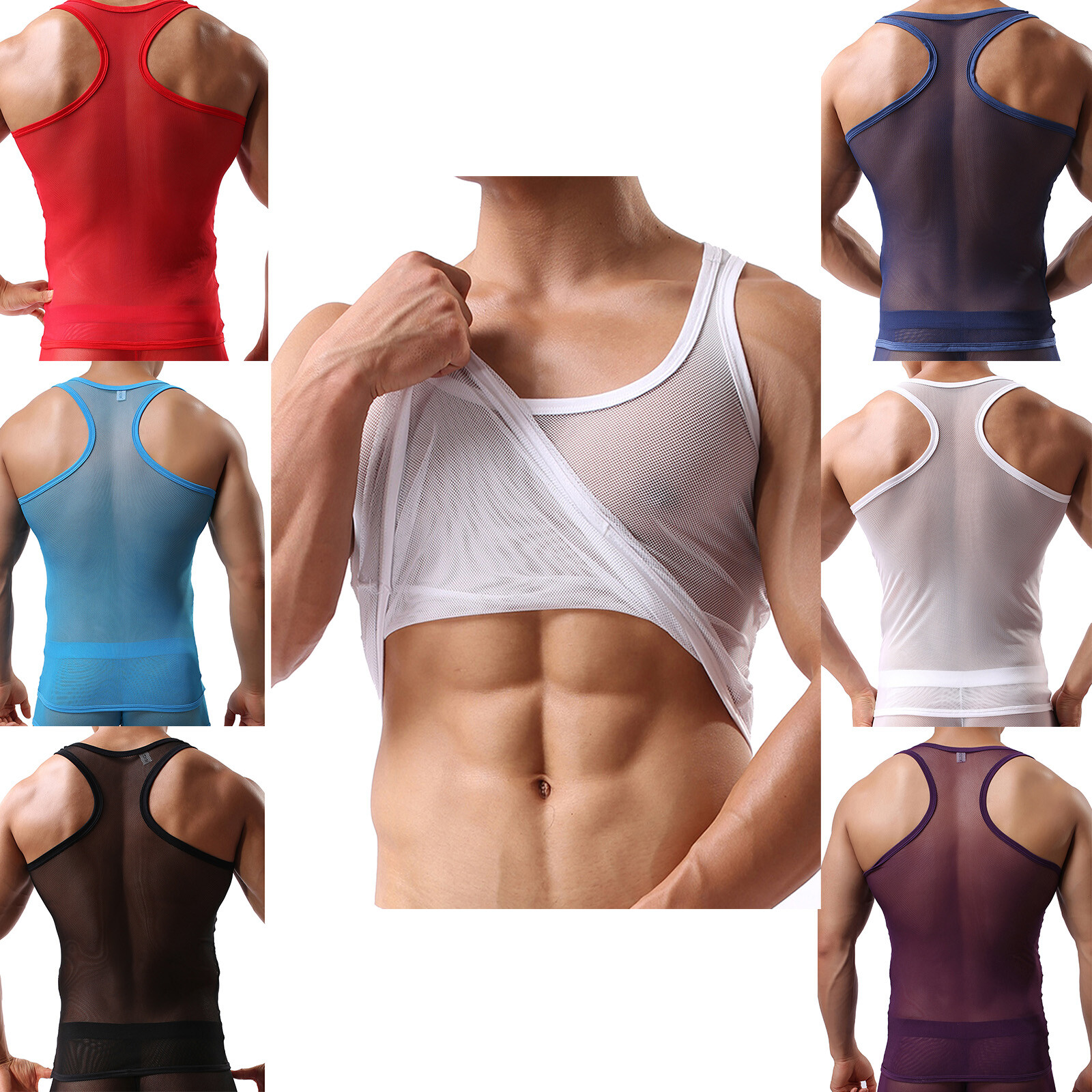 Men's Sleeveless Mesh Tank Tops See-Through U Neck Workout Gym Muscle T Shirts gallery