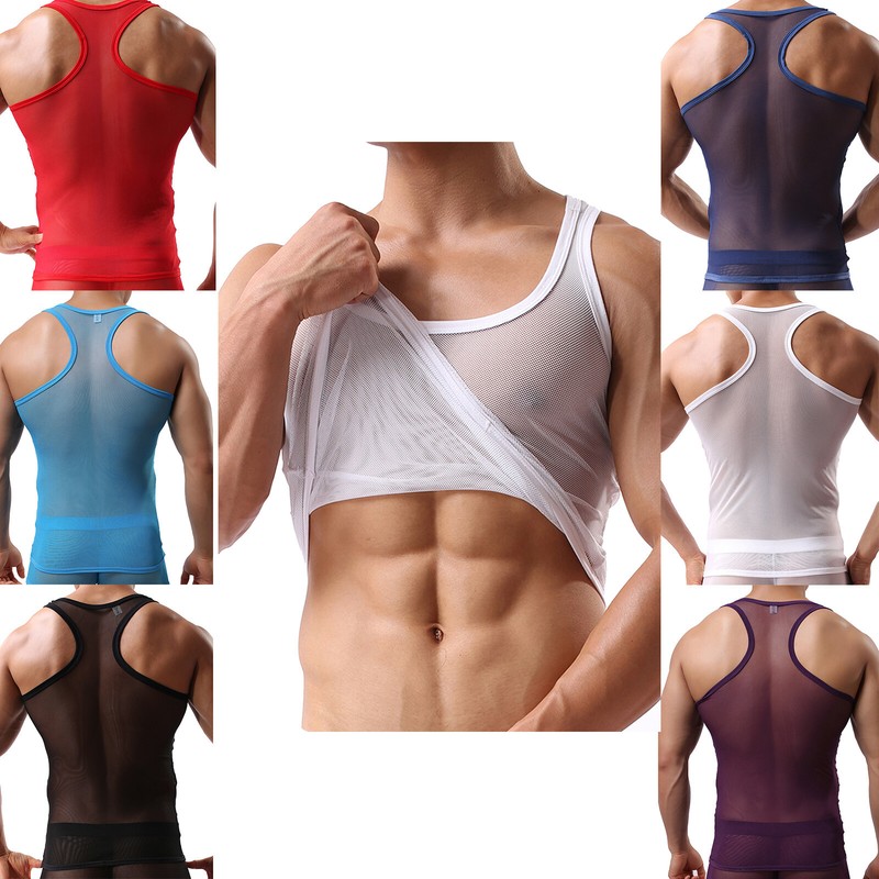 Men's Sleeveless Mesh Tank Tops See-Through U Neck Workout Gym Muscle T Shirts gallery