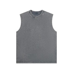 Summer Men Vintage Washed Tank Top 230G Cotton Sleeveless Distressed Loose