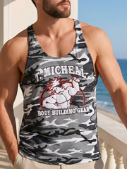 VTG 90s T Micheal Bodybuilding Stringer Tank Top Mens L Grey Camo Puff Print USA