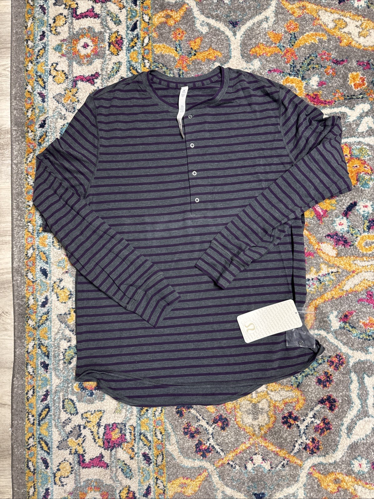 NWT Lululemon Men’s Field Henley - Gray / Purple Stripes - XL gallery
