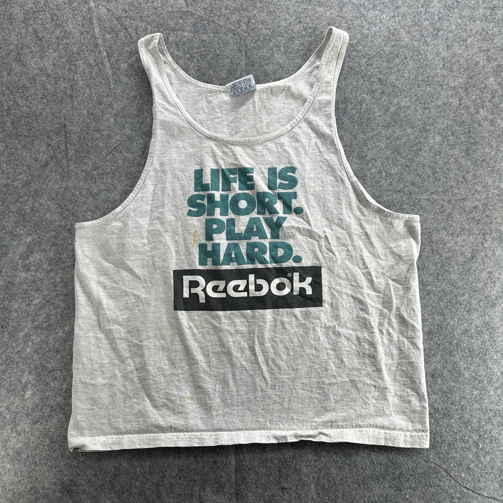 Vintage Reebok Shirt Mens XL Gray Life Is Short Play Hard Tank Top Made USA 90s gallery