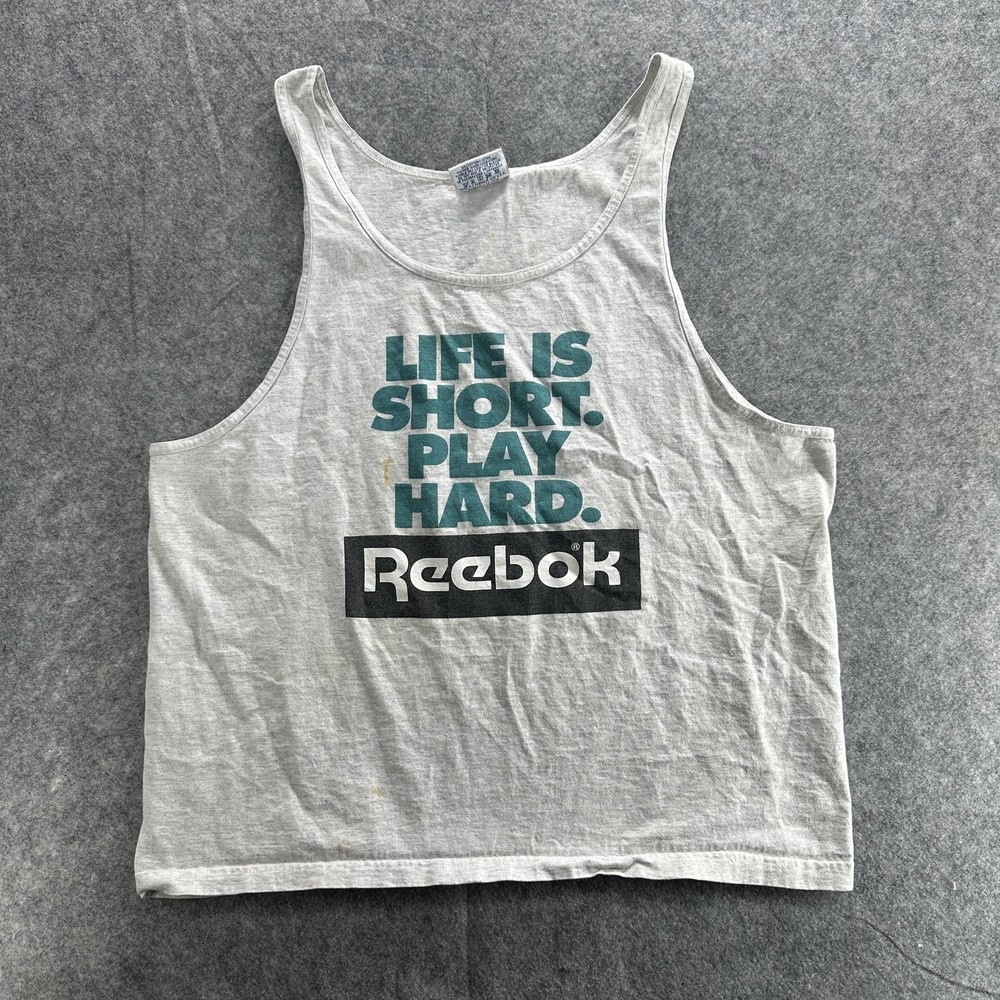Vintage Reebok Shirt Mens XL Gray Life Is Short Play Hard Tank Top Made USA 90s