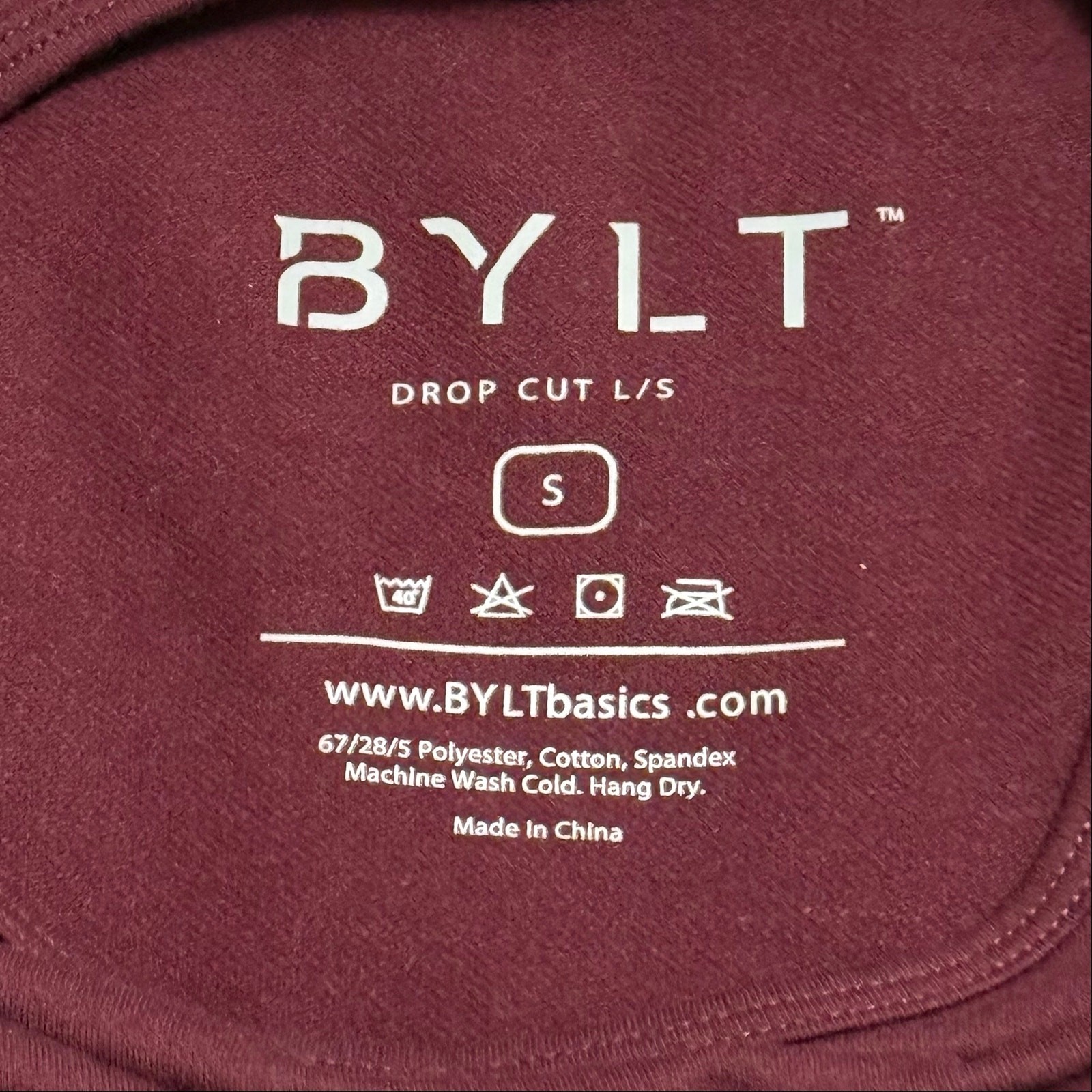 BYLT Basics Drop Cut Long Sleeve Performance Tee Shirt Maroon Burgundy Red Small gallery