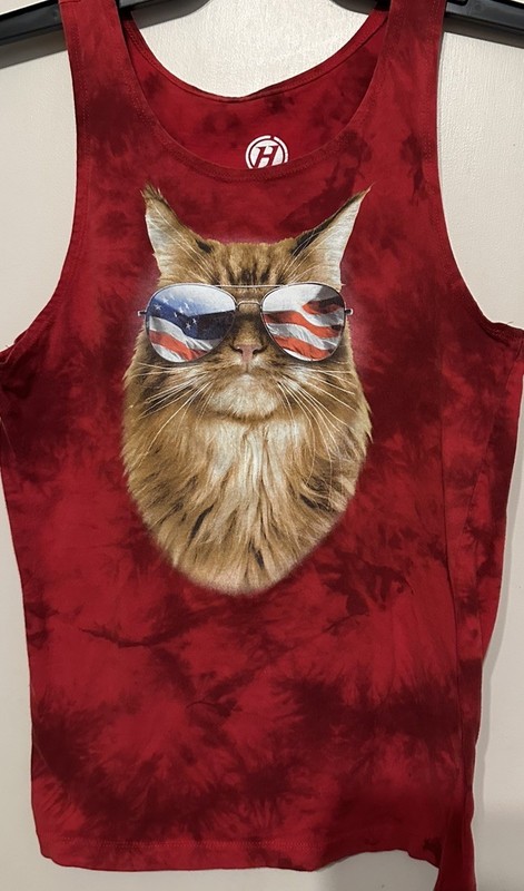 Hybrid Brand Tank Top Red Black Tie Dye Cat Flag Sunglasses Size S Muscle Shirt gallery