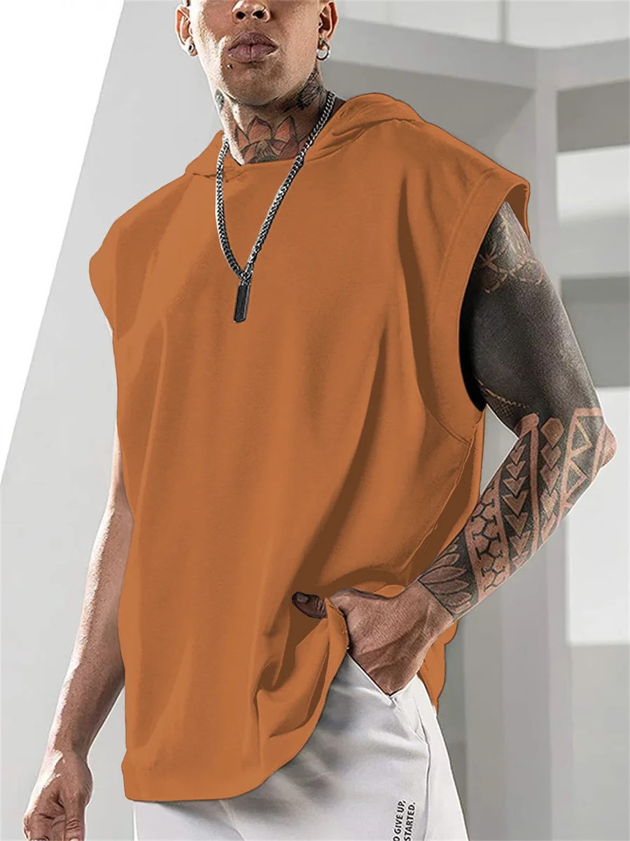 2025 Summer New High Quality Men's Sleeveless Hooded Sweatshirt Loose Vest Fitne gallery