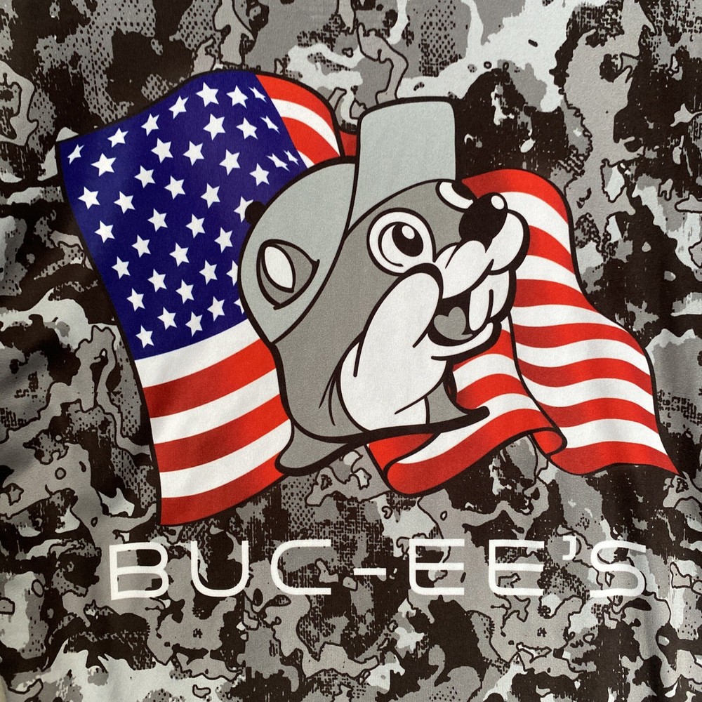 Bucees Long Sleeve Small Shirt Gray Black Camo Patriotic Flag Performance Logo