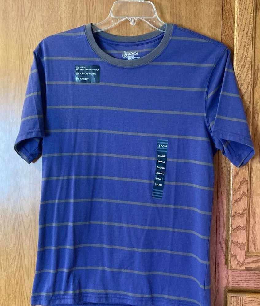 Boca Classics Mens T-Shirt Purple Gray Striped Moisture Wicking UPF 30 S New