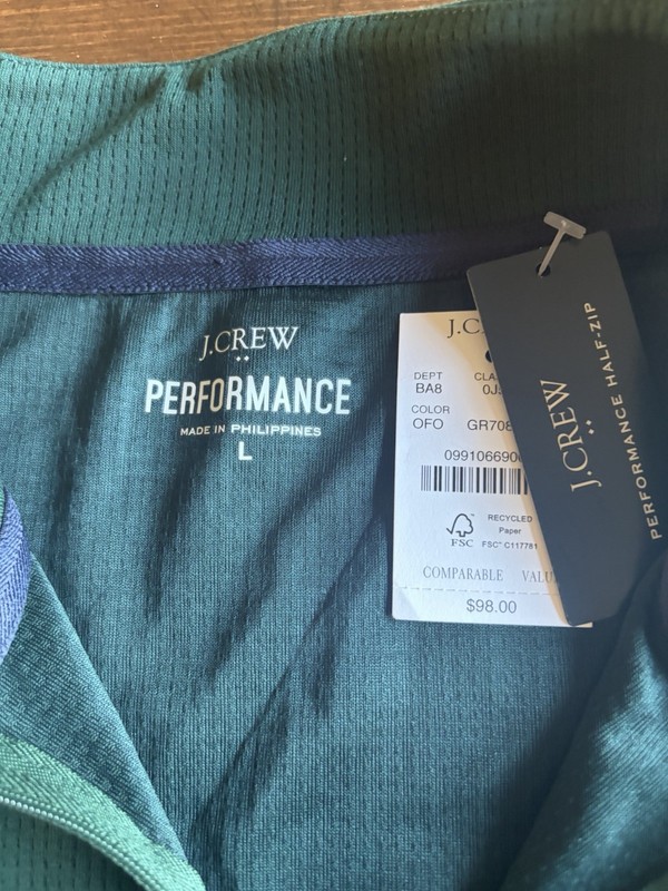 NEW - J Crew Performance 1/4 Zip Pullover Men's L Green Long Sleeve MSRP - $98 gallery