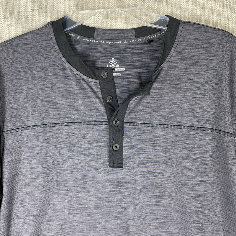 prAna Zylo Shirt Mens L Black Gray Henley Top Button Active Hiking Base Layer gallery