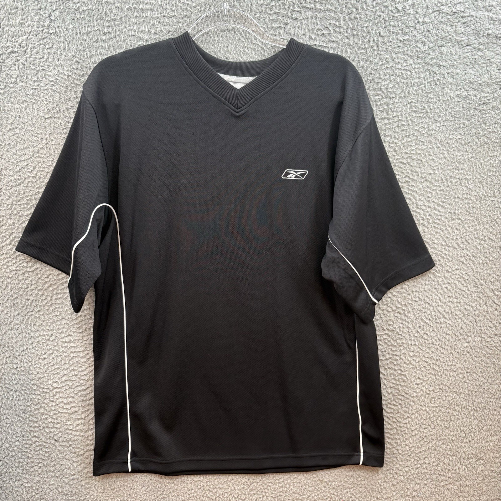 Vintage Reebok Shirt Mens Large Black White Logo V Neck Performance Top Active gallery