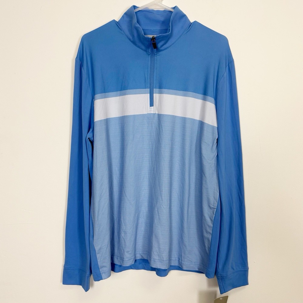 PGA Tour Pullover Quarter Zip Mens Medium Blue Stripe Shirt Long Sleeve NWT