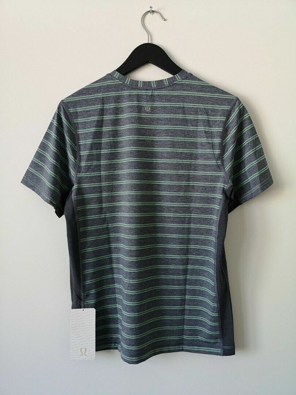 NWT LULULEMON DBLV Grey Gray Green Stripe T.H.E. Crew SS Top Shirt Men's Medium gallery