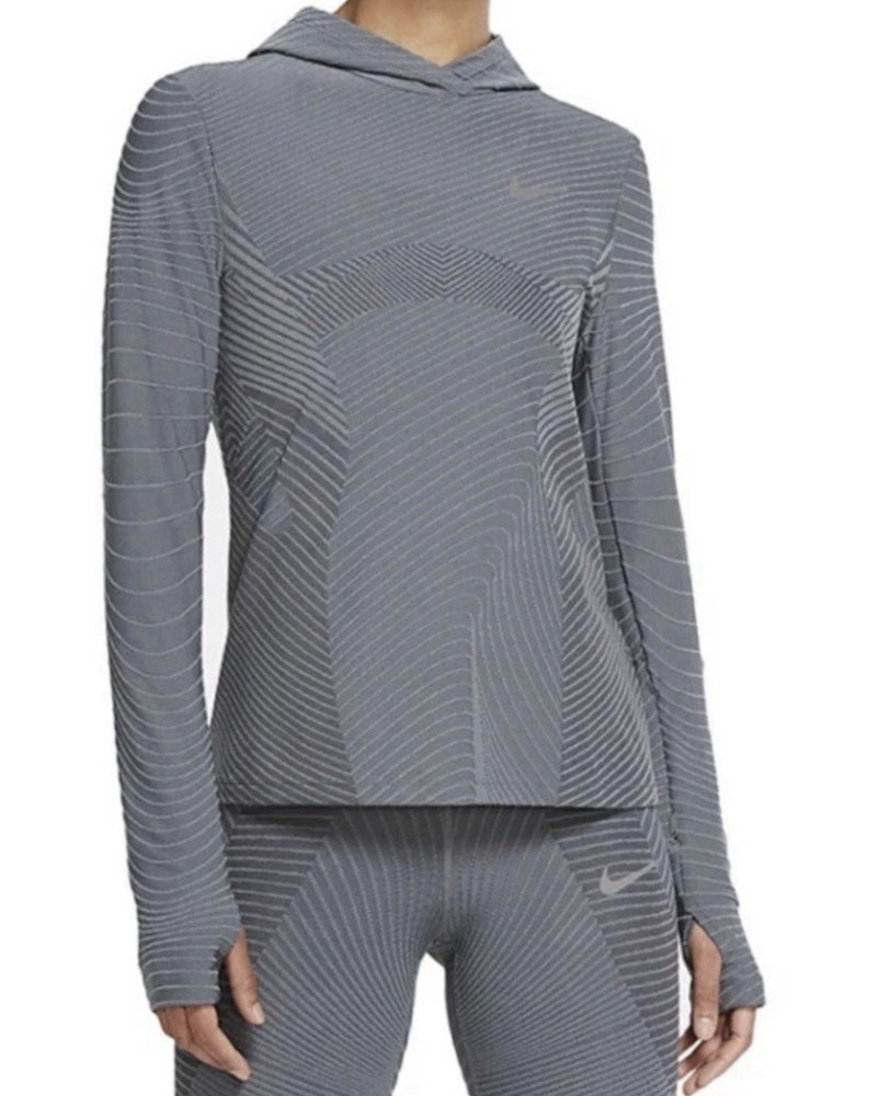 Nike Dri Fit Textured Smoke Grey Running Shirt Hooded CU3381 084 XL