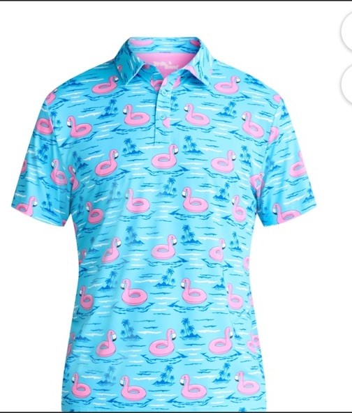 Birdie Bound Men’s Performance Flamingo Print Golf Polo Shirt Size M Blue/ Pink gallery