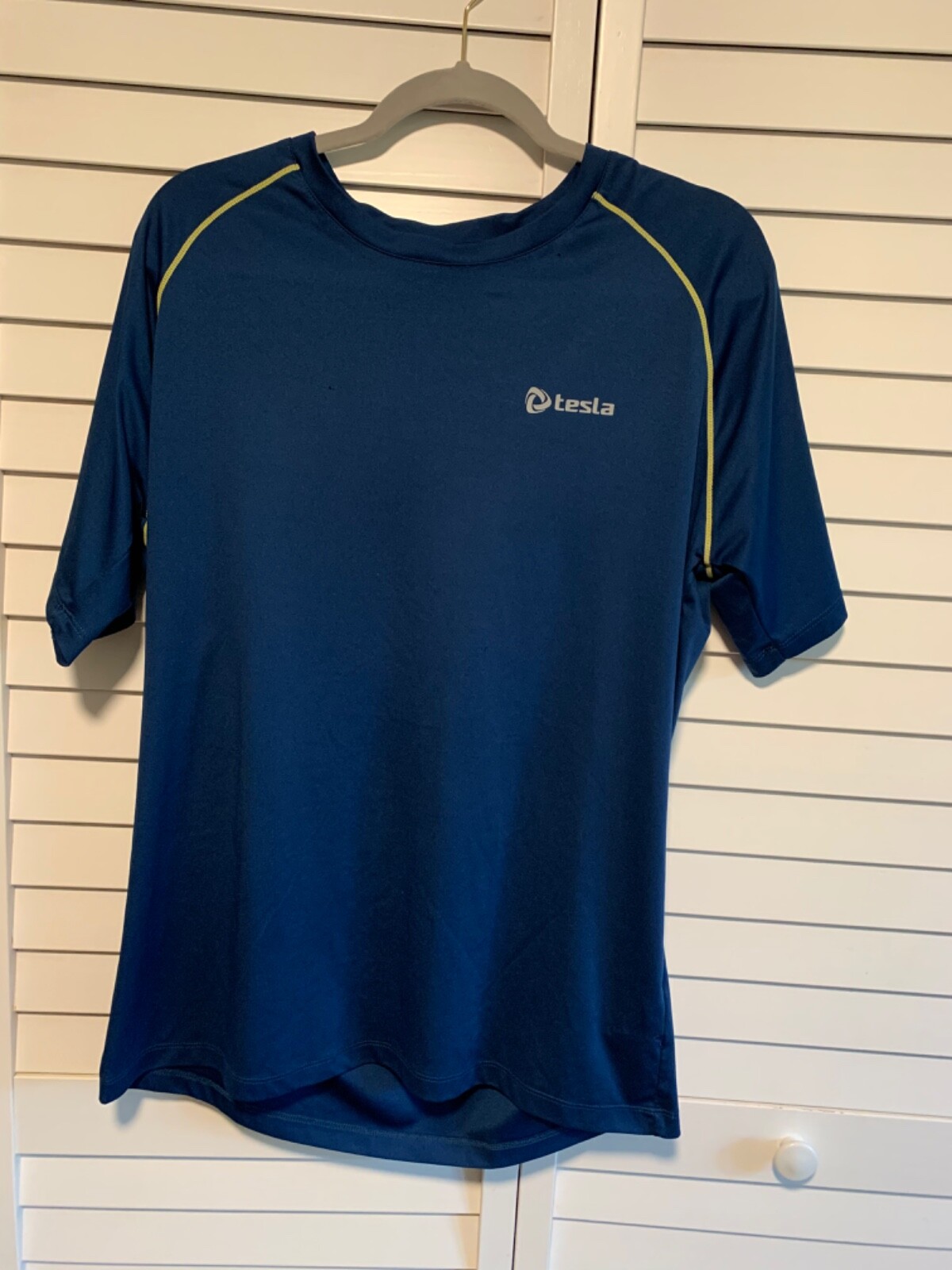 Tesla Shirt Mens Large Blue Short Sleeve Cycling Running HyperDri Performance gallery