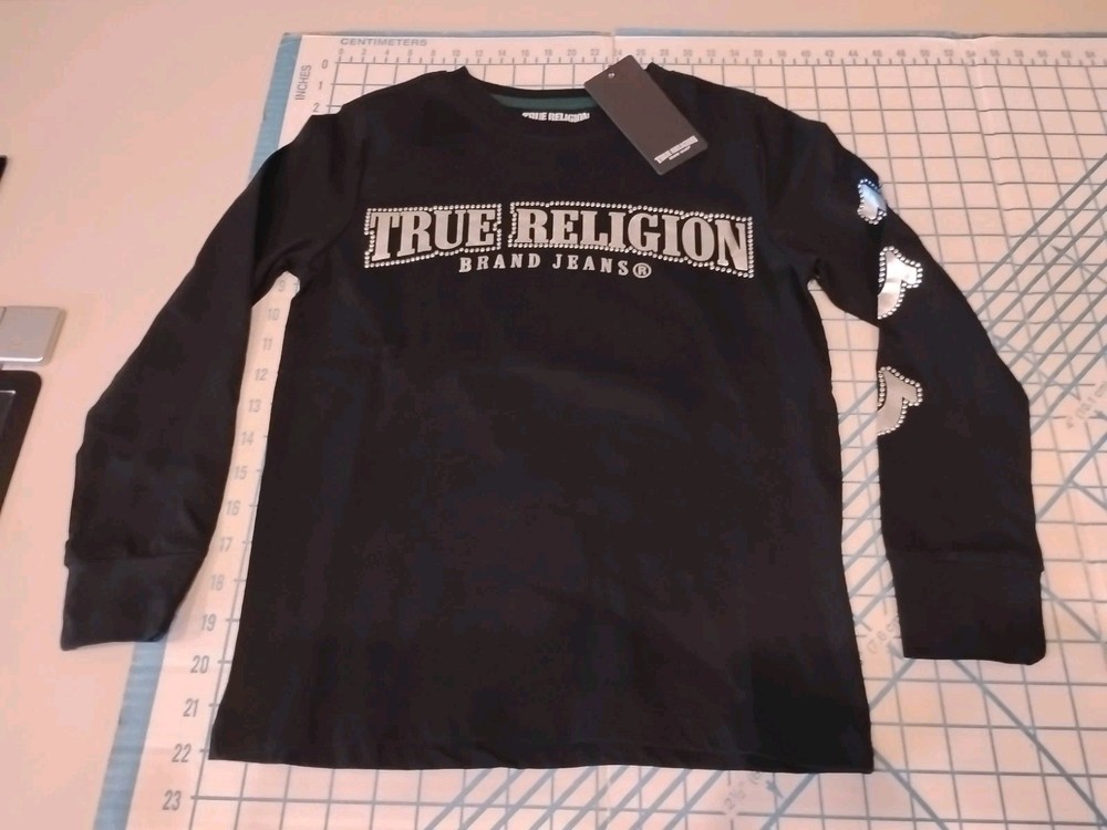 YOUTH MEDIUM BLACK TRUE RELIGION LS SILVER GRAPHIC PRINT T-SHIRT - NWT