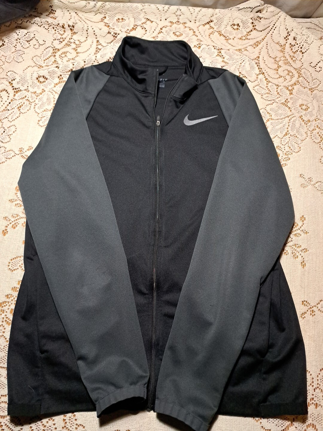 NIKE Dri Fit Full Zip Athletic Light Weight Shirt Pockets Black Grey Mens Small gallery