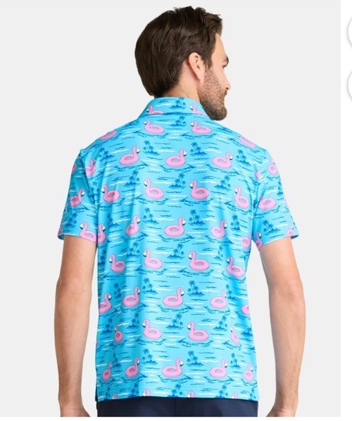 Birdie Bound Men’s Performance Flamingo Print Golf Polo Shirt Size M Blue/ Pink gallery