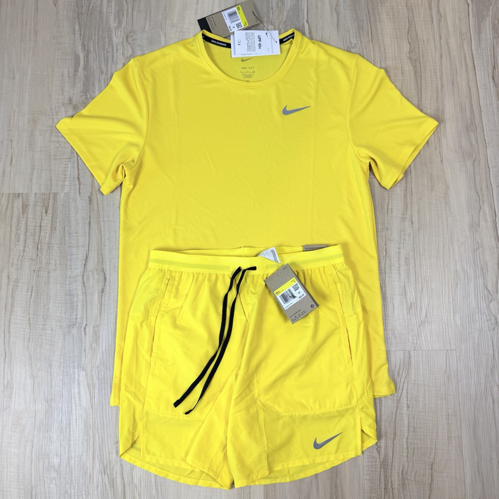 Nike Miler Dri-FIT 2Pc Running Set Men's Size S Reflective Yellow Shirt Shorts gallery