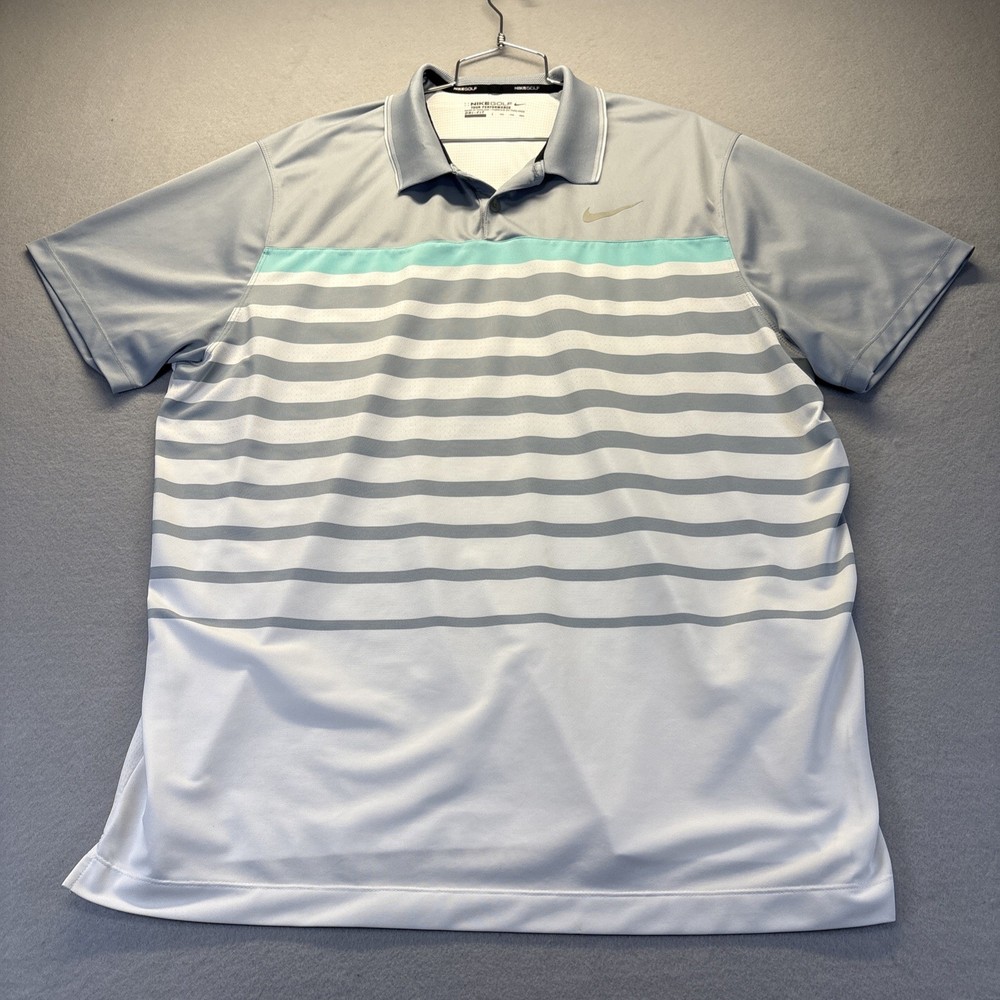 Nike Golf Tour Performance Dri Fit Gray White Green Stripe Men's Polo Shirt XXL