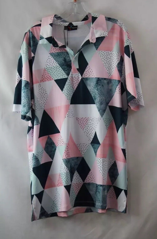NEW NWT Men's YATTA Eagle Blue & Pink Geopattern Active Golf Polo Shirt Size XL gallery