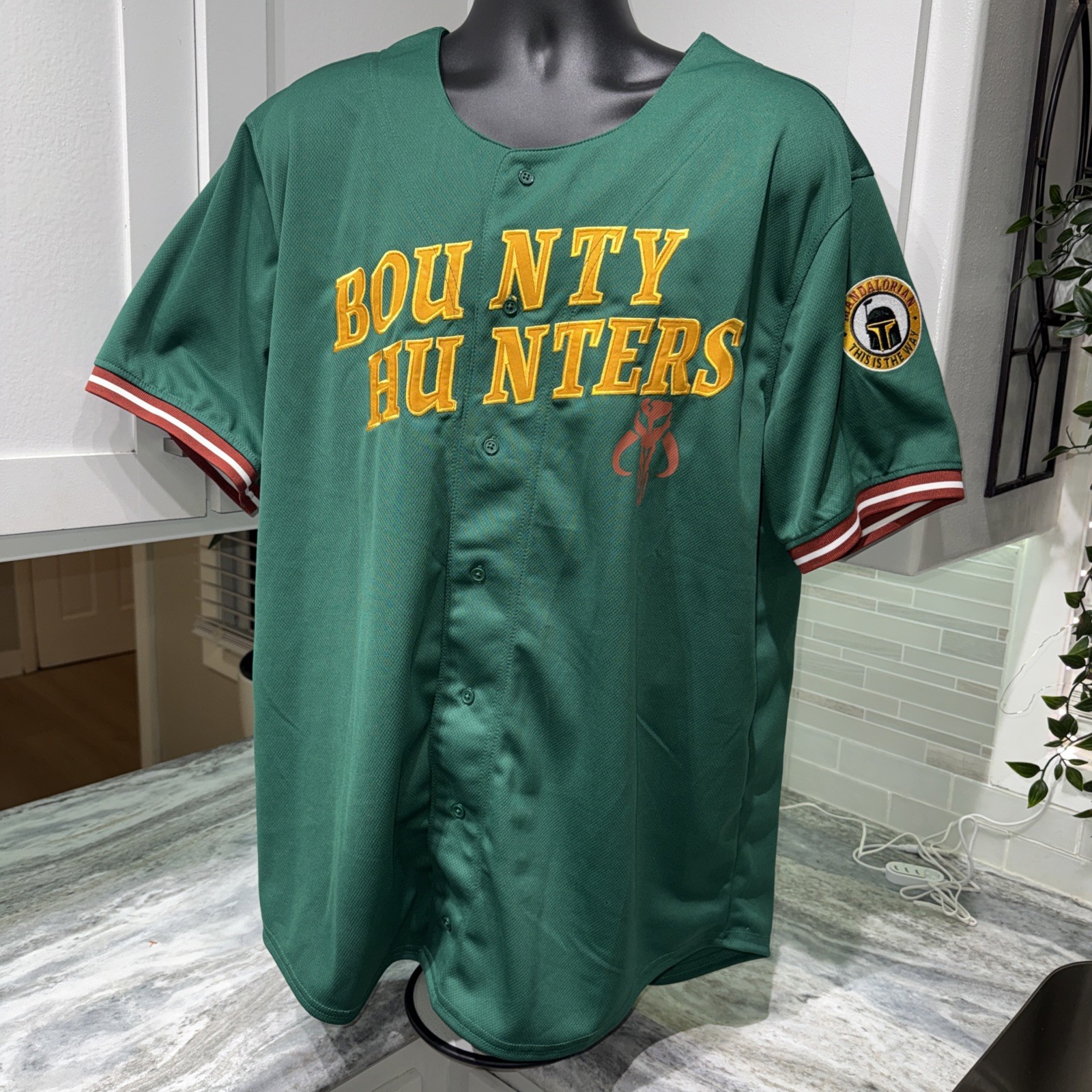 Mens Star Wars Bounty Hunters Baseball Jersey 2XL Green Boba Fett Embroidered #5 gallery