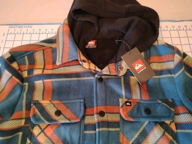 MENS SMALL QUICKSILVER THICK LS SNAP UP TEAL/ORANGE COLLAR/HOODIE - NWT gallery