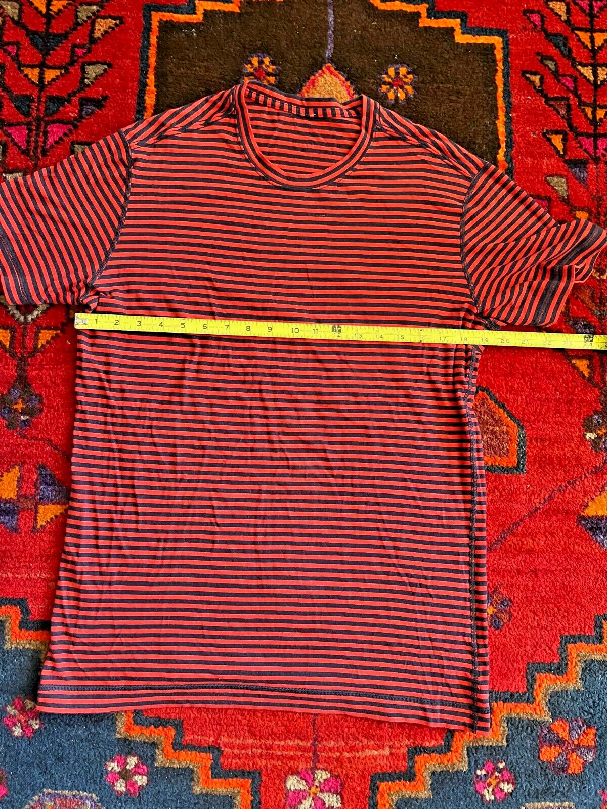 Lululemon Men’s Striped Tech Short Sleeve marked Med, 19 inch chest, unique Logo gallery