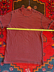 Lululemon Men’s Striped Tech Short Sleeve marked Med, 19 inch chest, unique Logo
