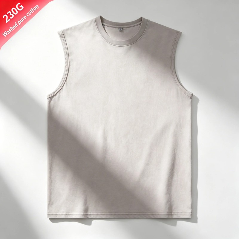 100% cotton men's summer sleeveless top Vintage Washed Crew Neck Tank Top Casual gallery