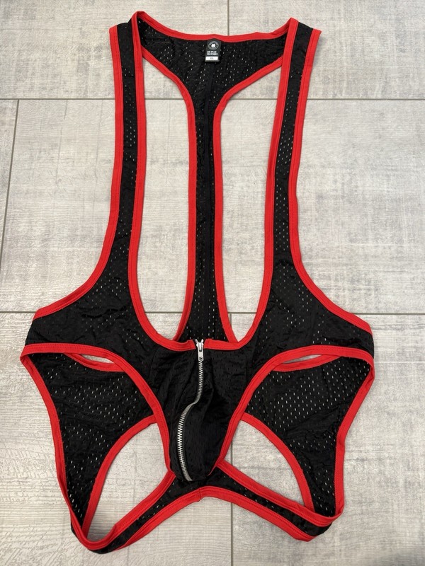 Men’s Gruff Pup Impulse Singlet Mesh Black And Red Zip Jock Assless XXL Gay gallery