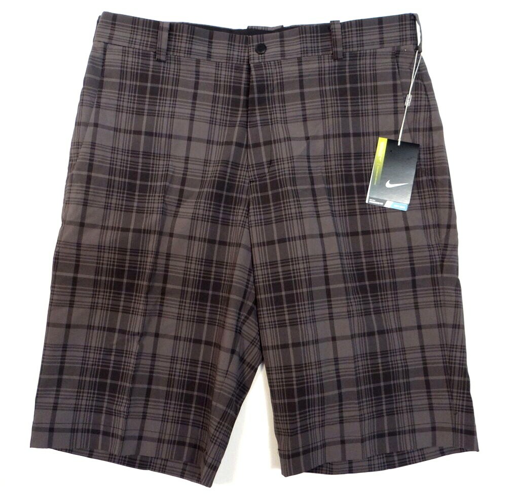Nike Golf Tour Performance Dri Fit Black & Gray Plaid Flat Front Shorts Mens NWT gallery