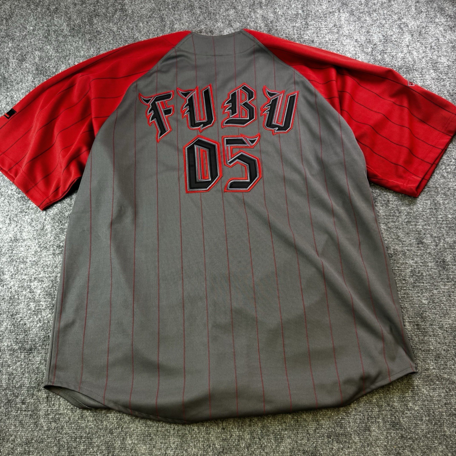 Vintage FUBU 05 The Collection Baseball Jersey Adult Size XL - Gray Red Striped gallery