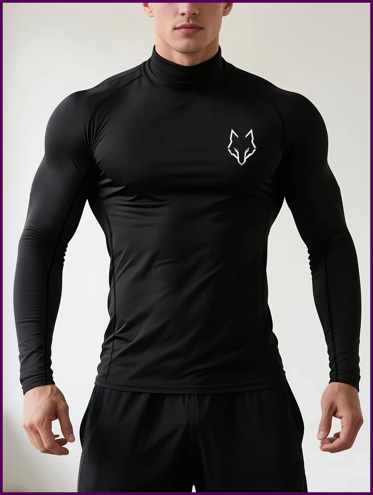 1Pc Men’s Compression Mock Neck Sports Shirt Wolf Head Print Tight Long gallery