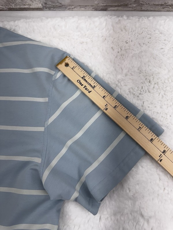 BYLT Drop Cut Short Sleeve Lux Shirt Blue Striped Curved Hem Casual Mens Large gallery