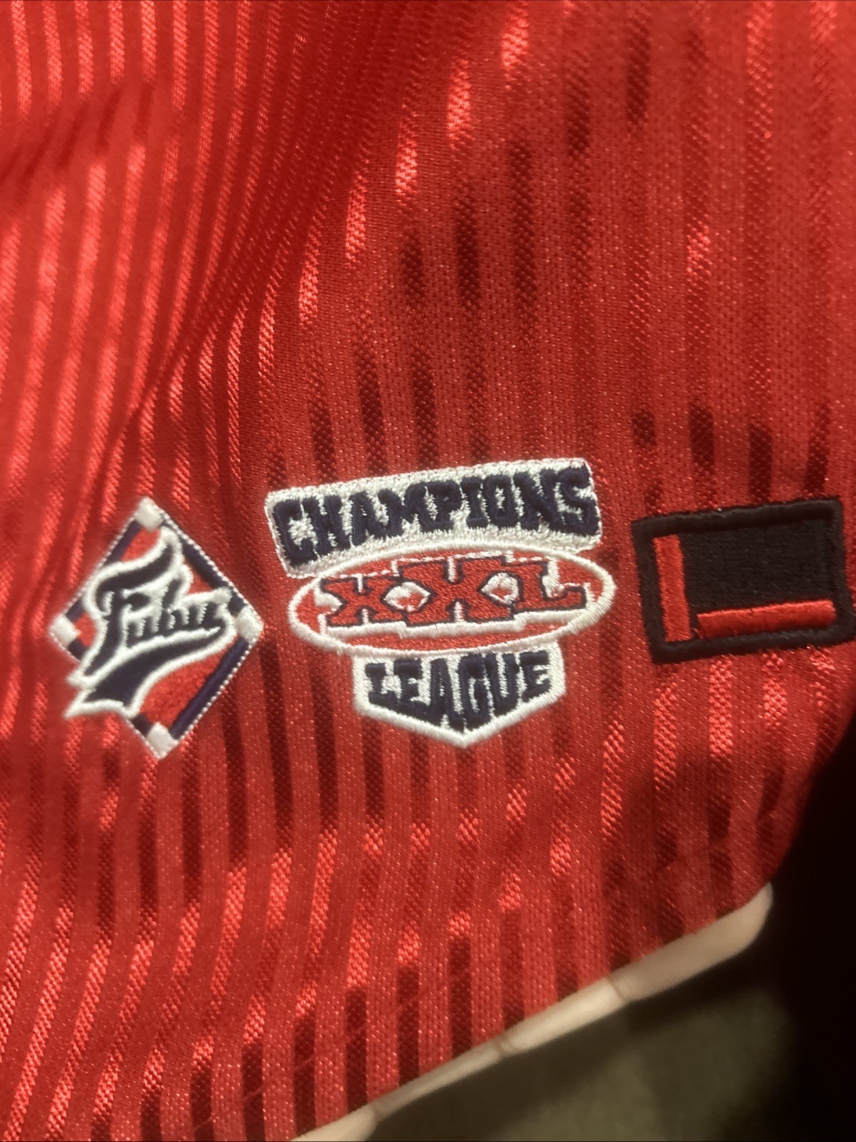 This is a red and navy blue FUBU 05 Champions League stitching baseball jersey gallery