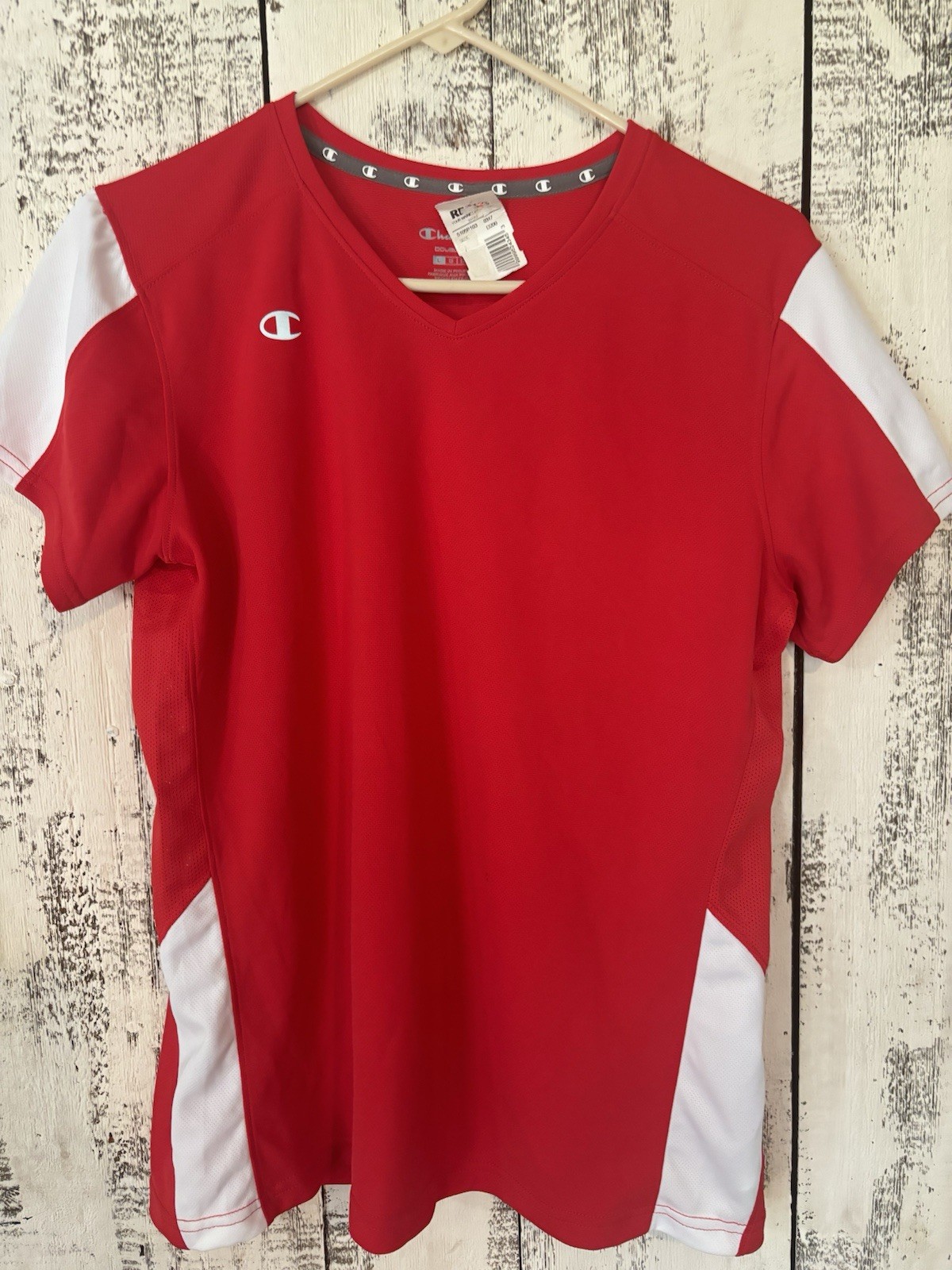 Champion Large V Neck Short Sleeves Red With White NWT Polyester gallery